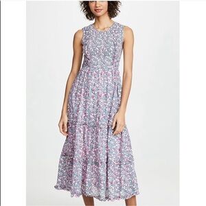 Banjanan Iris Smocked Tiered Ruffle Dress Pink Block Print made in India Sz Sm
